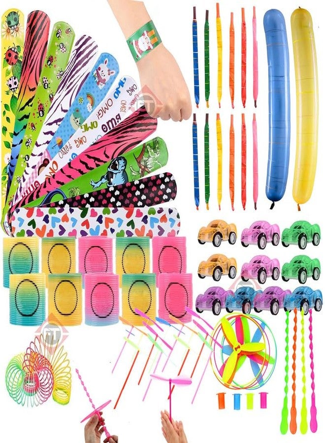 Firstly Traders 100 pcs Kids Party Bag Fillers for Kids Unisex with Slinky, Slap Bands, Push Back Car Mini, Rocket balloon, Mini Flying Toys Assortment Stocking Fillers Boys Girls Lucky Dip Prizes - Image 1